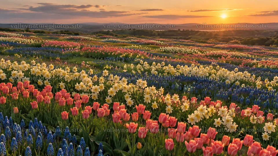 Spring Bulbs in a Flowering Meadow at Sunset – nature photography 10324x5812