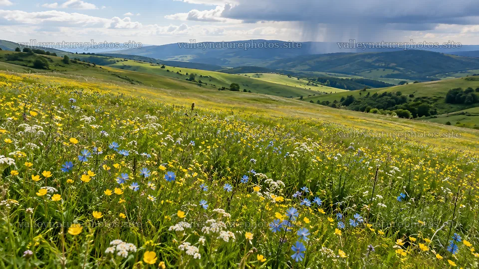 Wildflower Meadow Beneath Rain Clouds Over Rolling Hills – nature photography 10324x5812