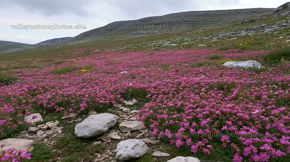 Cloudy rockrose meadow on limestone slope with flowers – nature photography 10608x5938