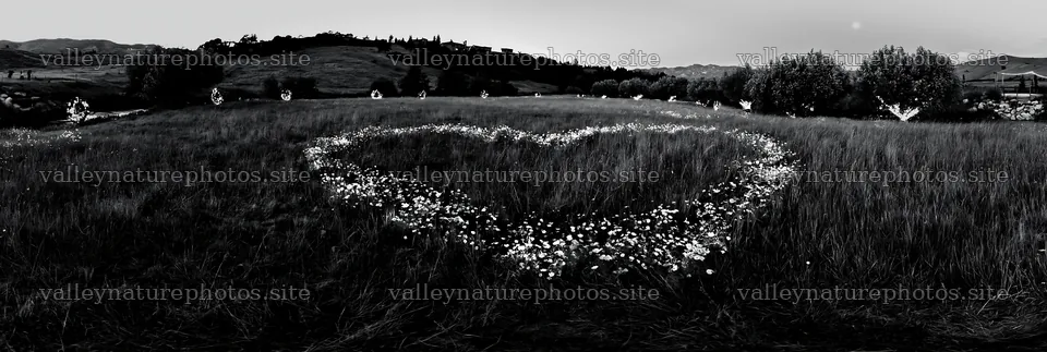 Christmas wreaths beside stream in meadow – nature photography 13690x4602