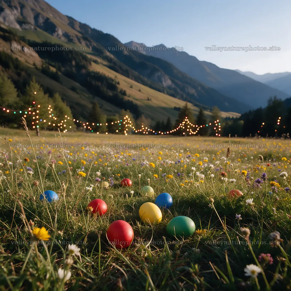 Warm Christmas lights in mountain valley meadow at dusk – nature photography 7938x7938