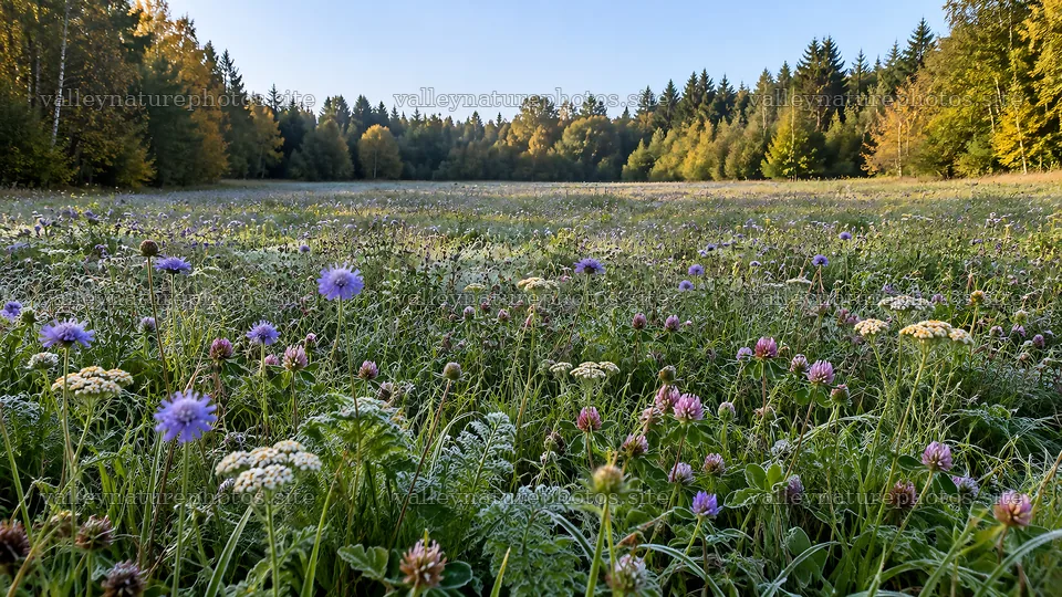 Flowering meadow in a sunlit forest clearing – nature photography 10324x5812