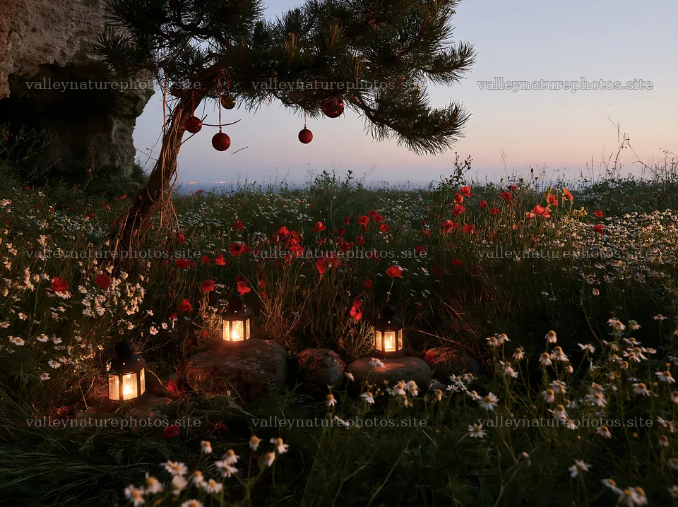 Christmas lanterns at dusk in meadow by cave – nature photography 9174x6866