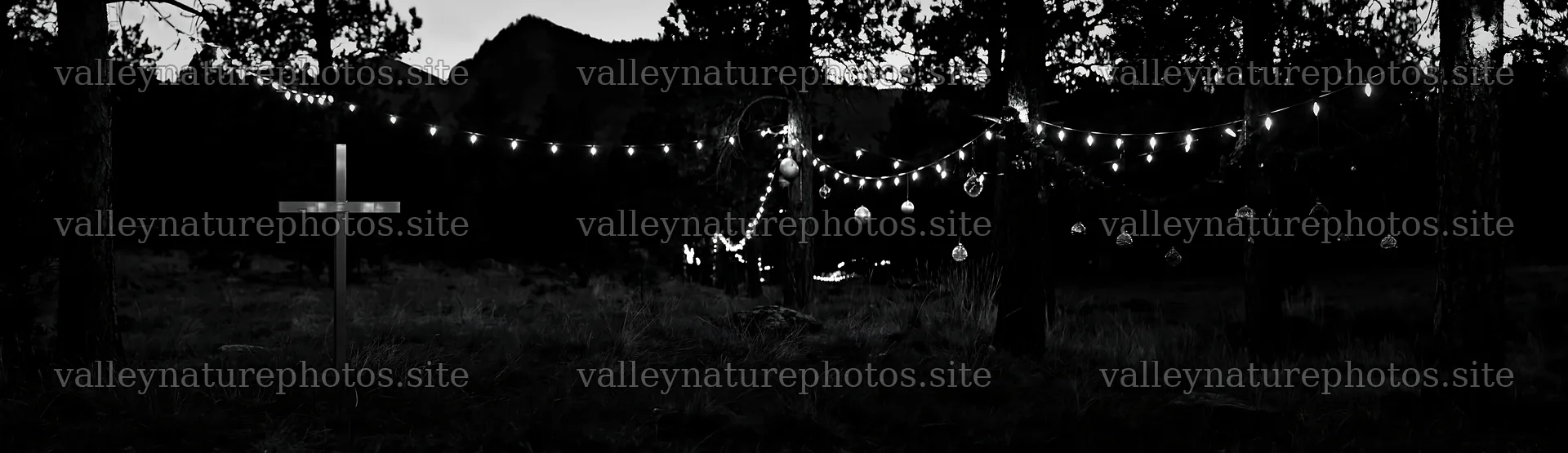 White Christian cross in remote meadow at twilight – nature photography 14762x4268