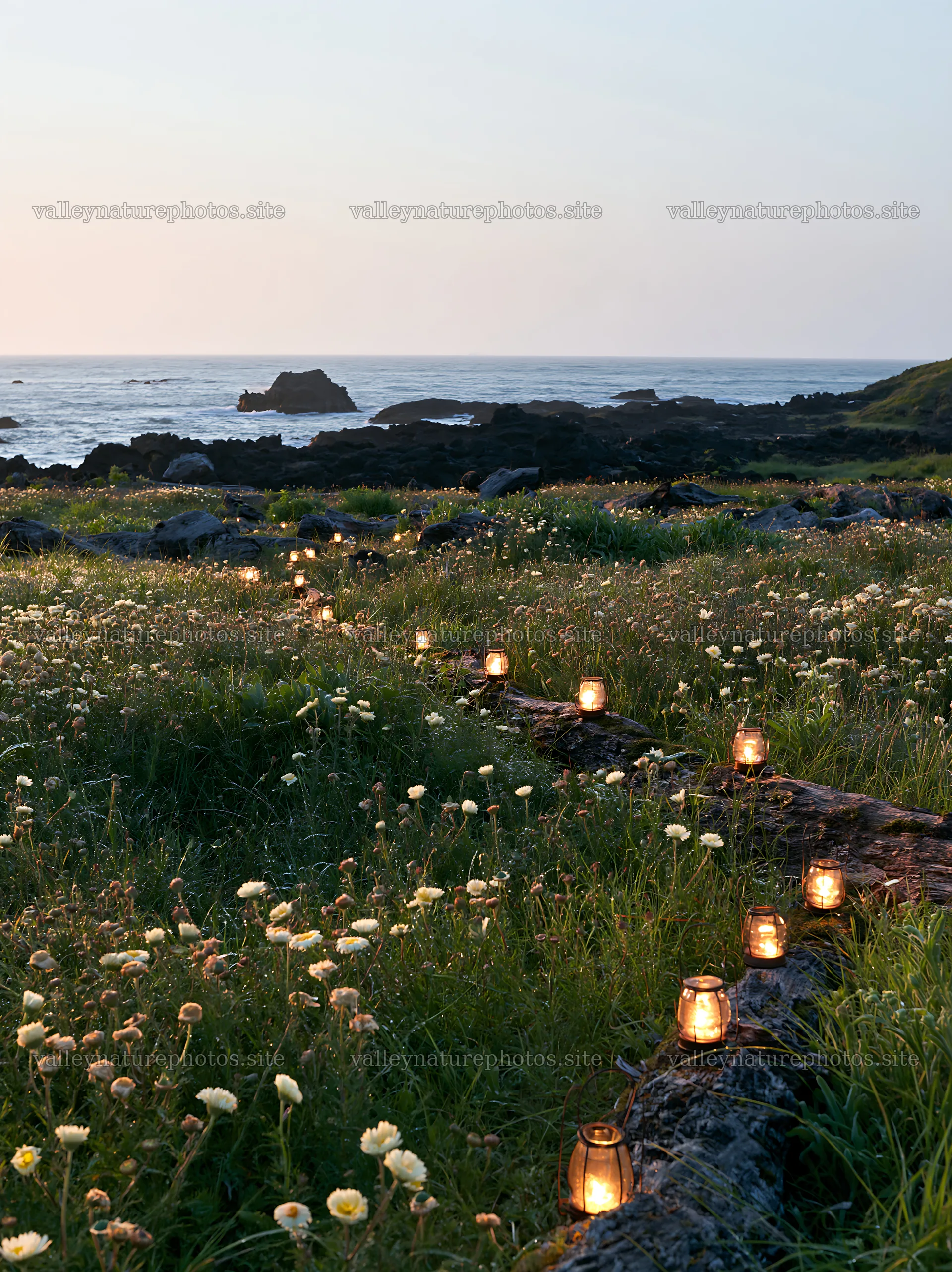 Expansive meadow with lights and driftwood at sunset – nature photography 6866x9174