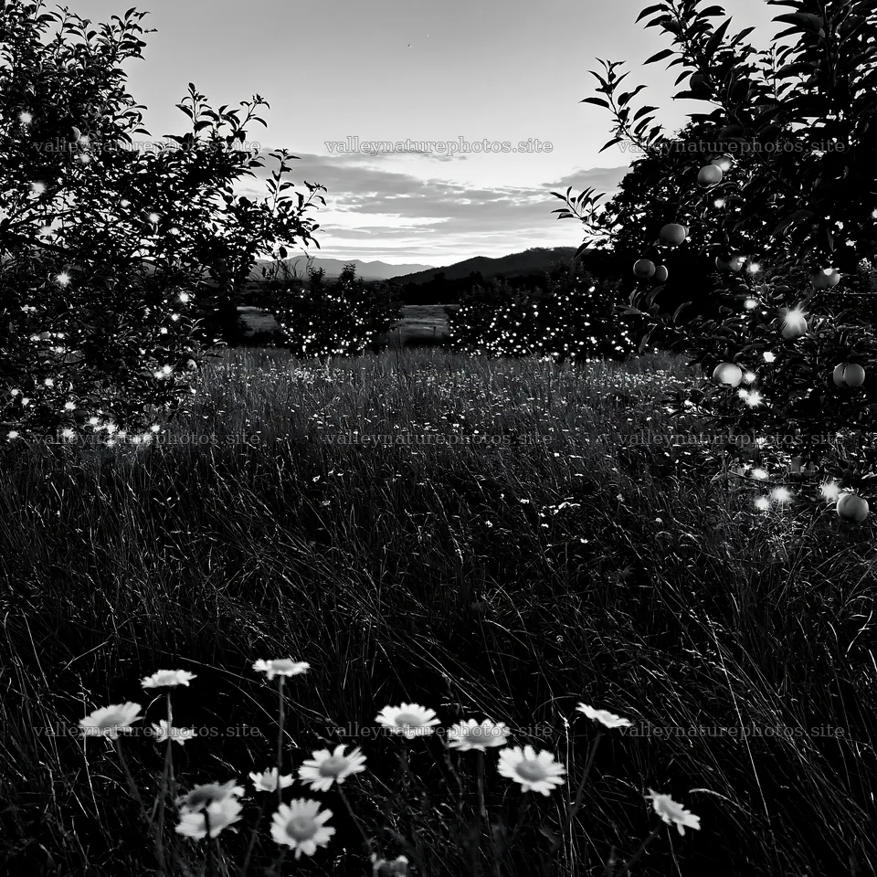 Meadow with lights and apple trees during Christmas time – nature photography 7938x7938
