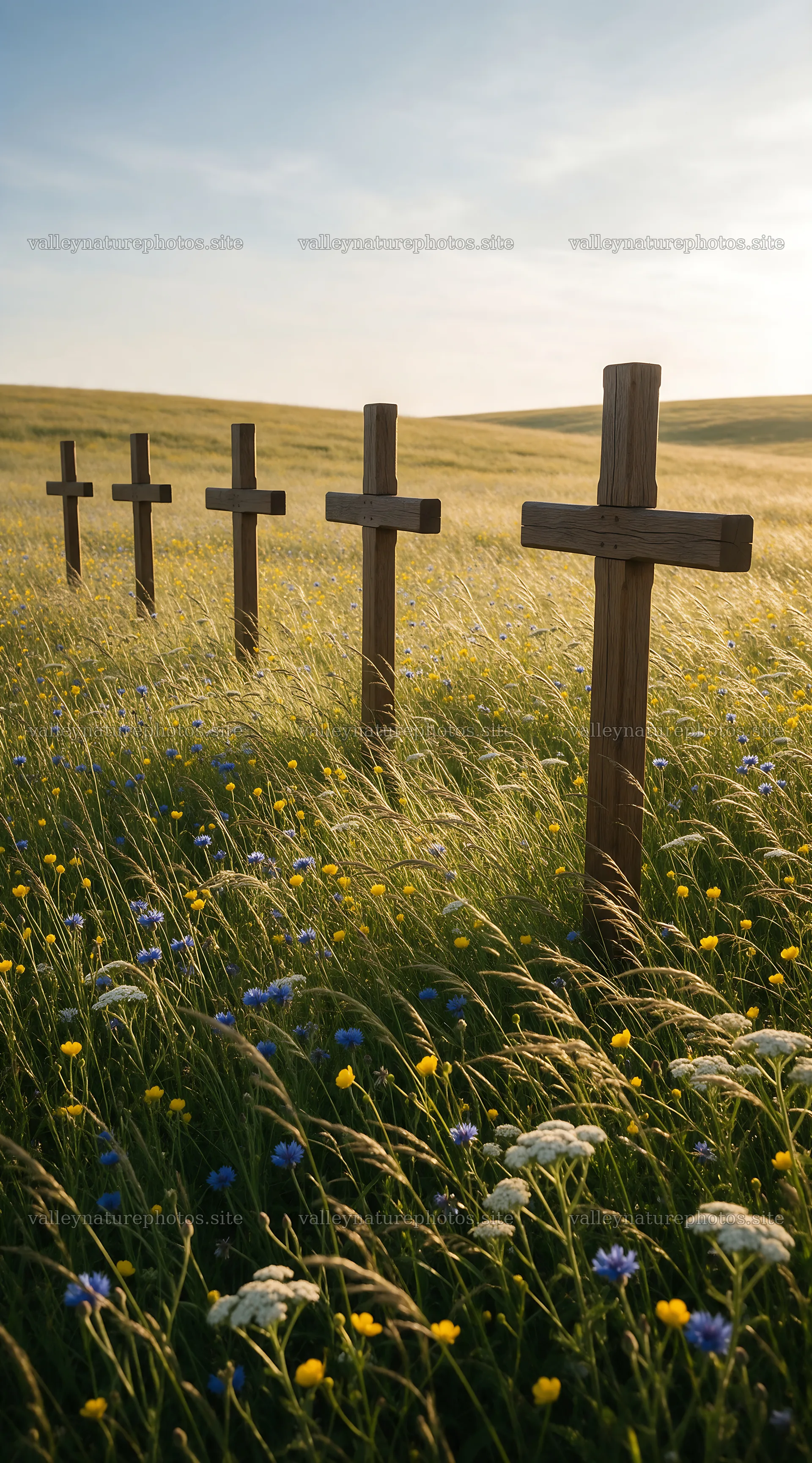 Christian crosses on meadow during sunrise with light rays – nature photography 5916x10648