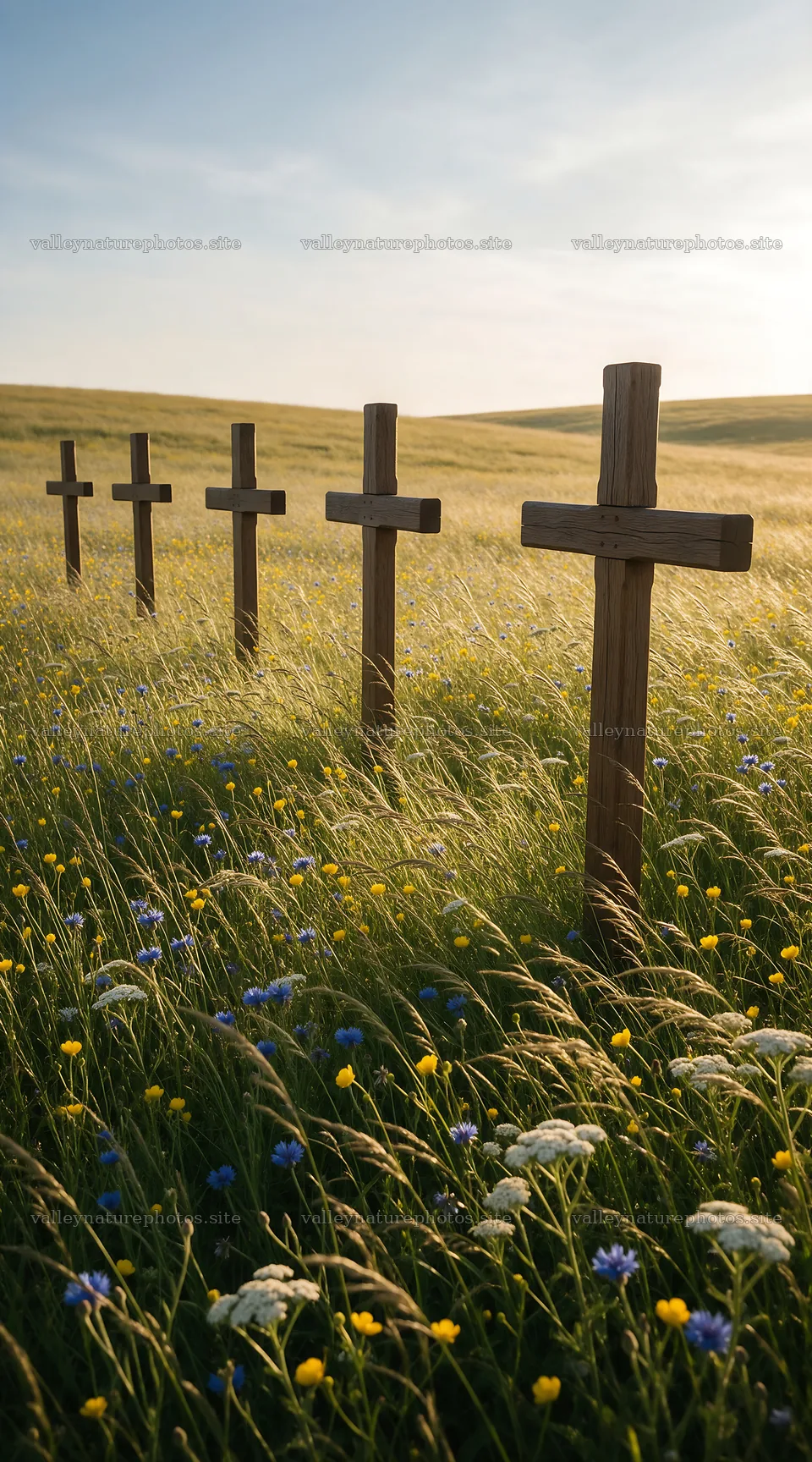 Christian crosses on meadow during sunrise with light rays – nature photography 5916x10648