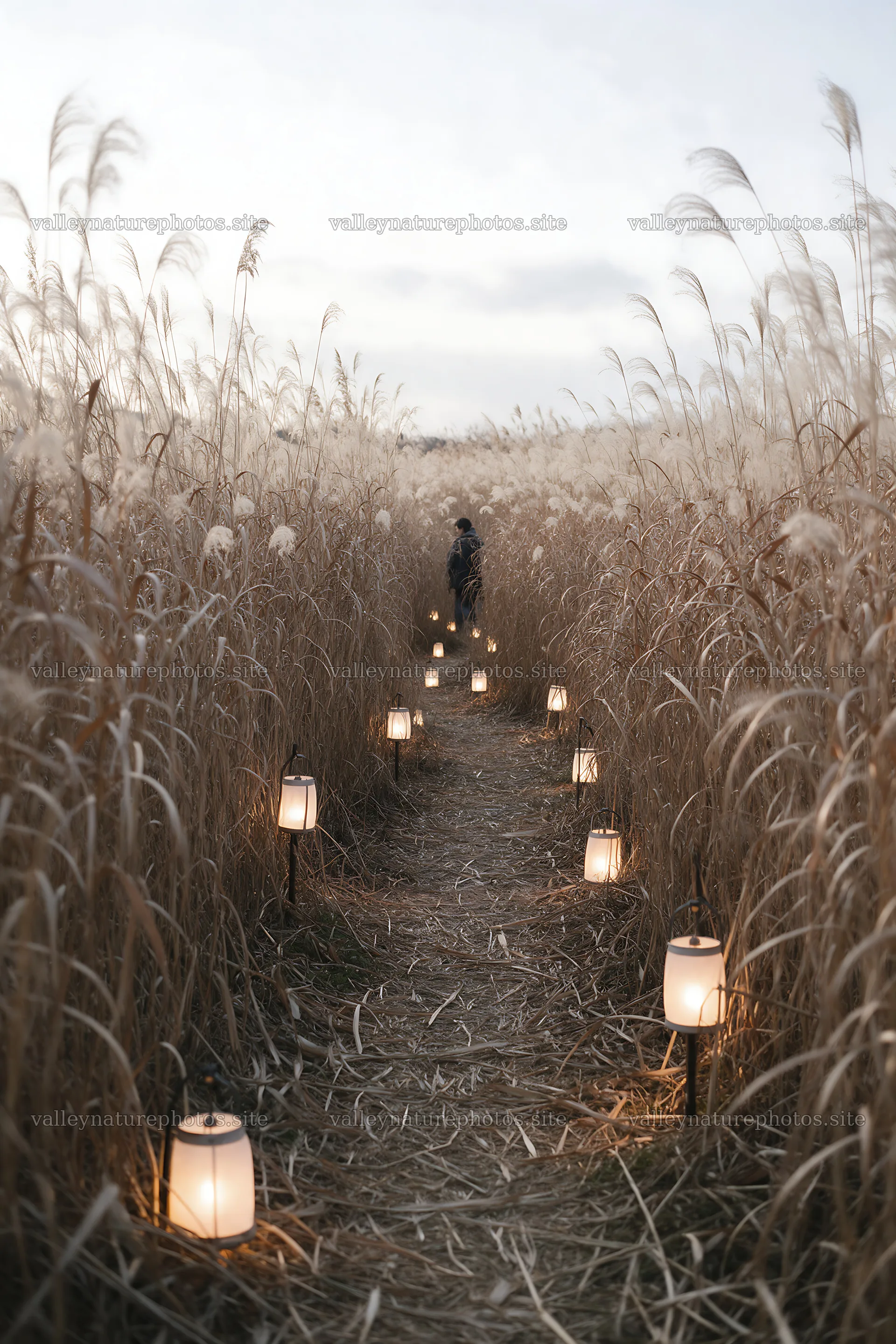 Lanterns illuminate a path through a meadow in the evening – nature photography 6480x9722