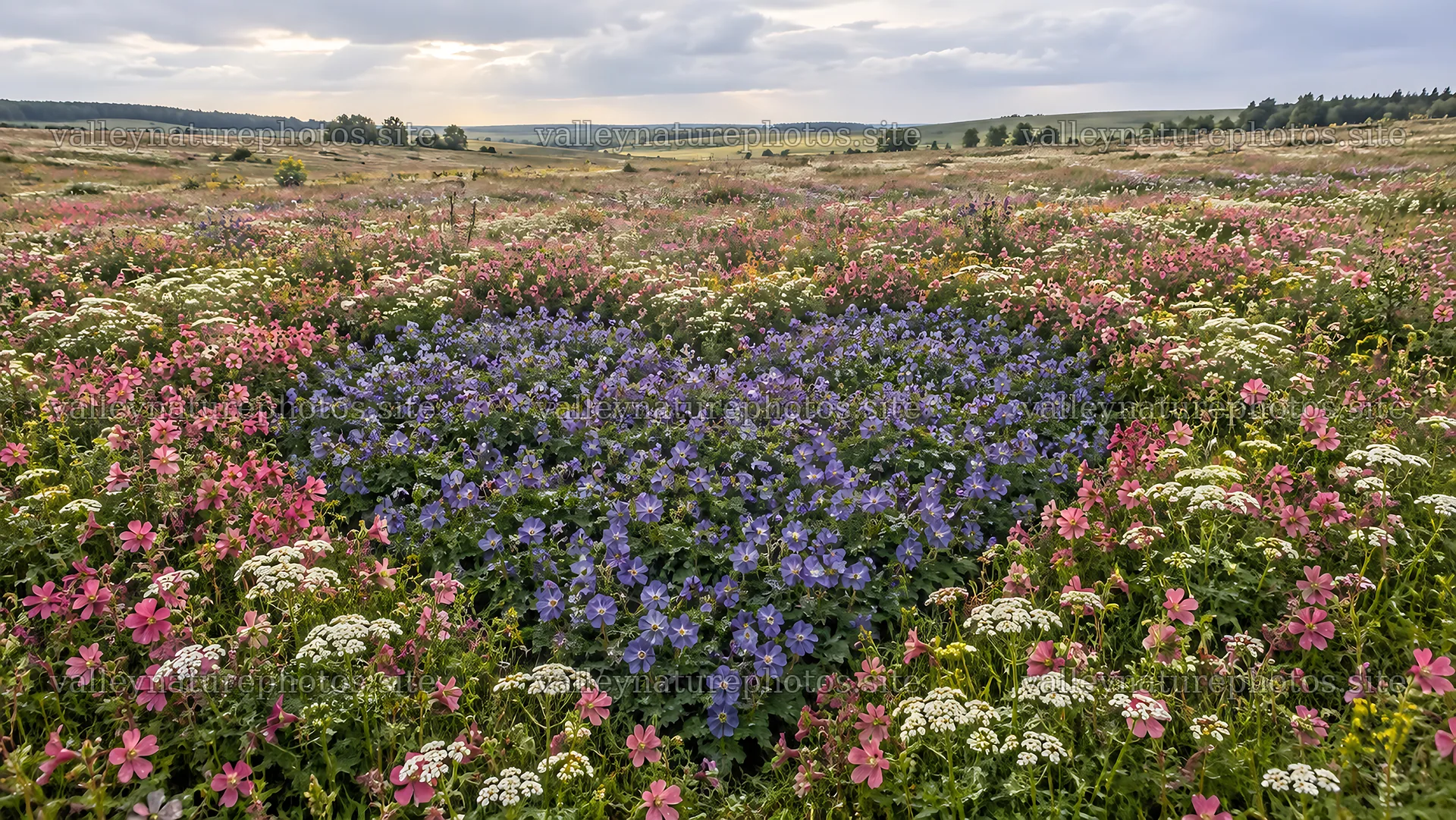 Heart-Shaped Purple Flowers in a Colorful Meadow – nature photography 10324x5812