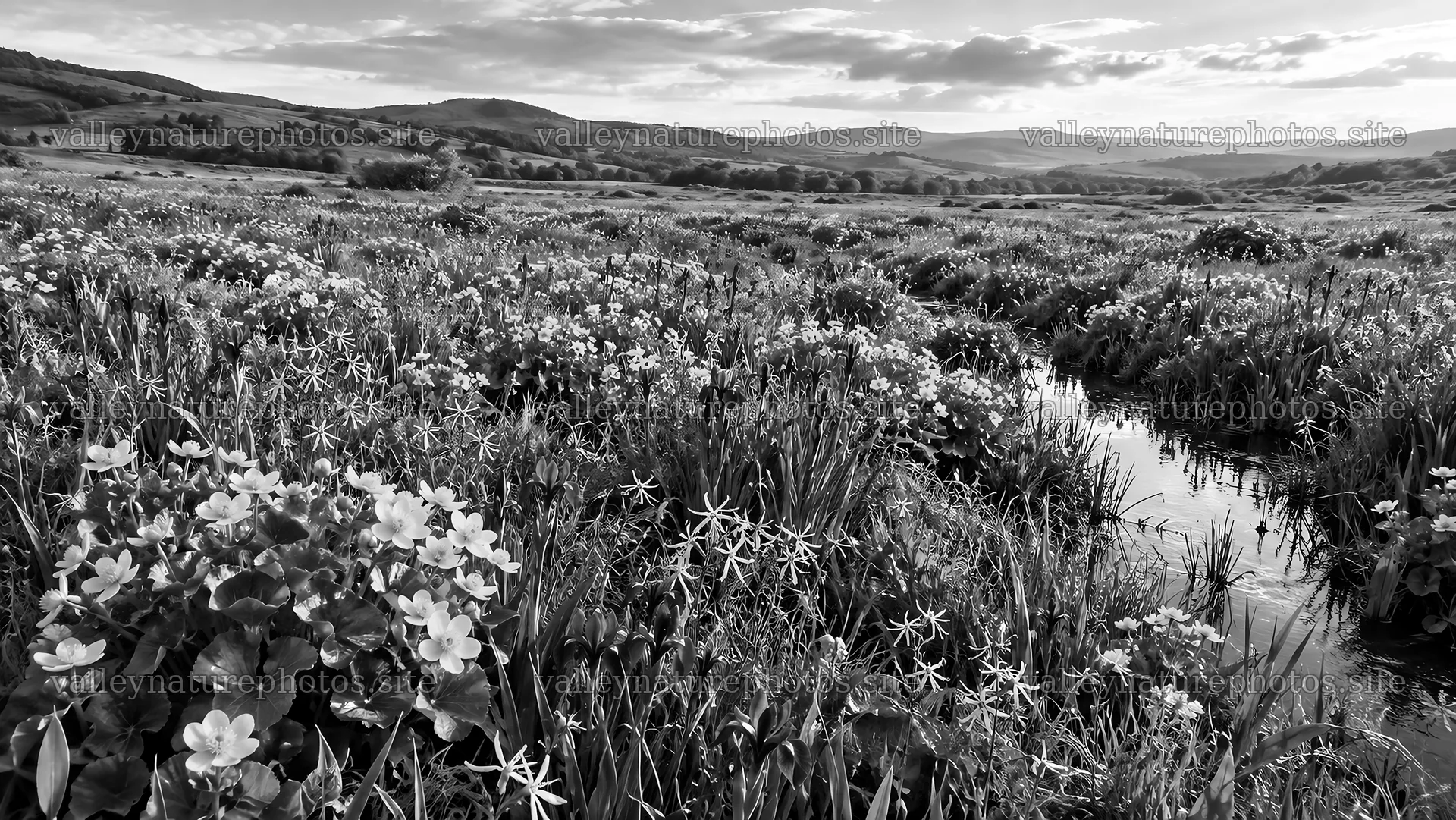 Monochrome Meadow and Stream Beneath Rolling Hills – nature photography 10324x5812