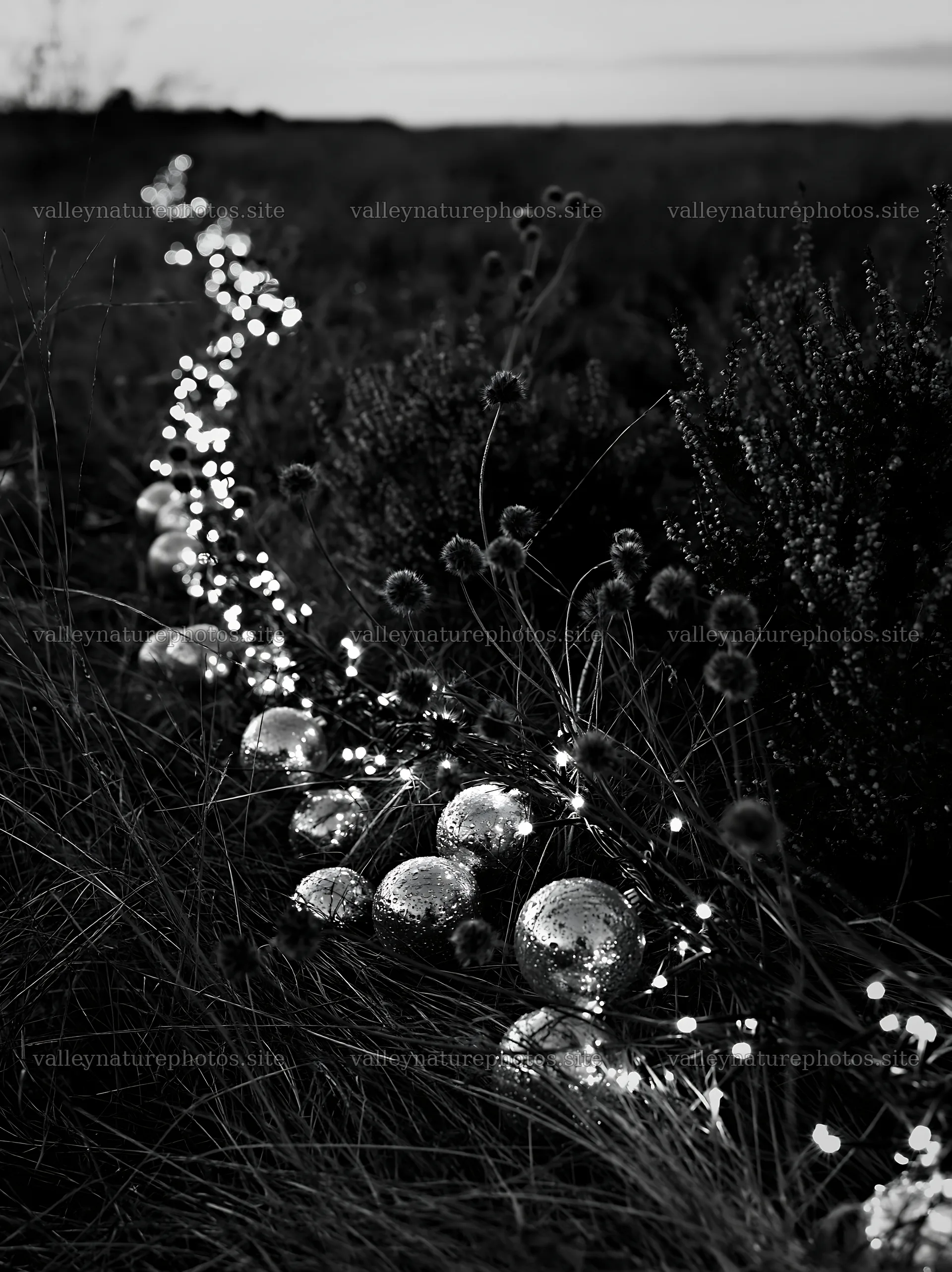 Christmas meadow with baubles and lights in autumn grass – nature photography 6866x9174