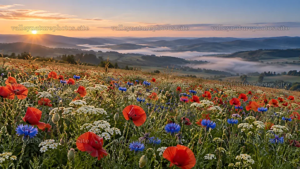 Wildflower Meadow at Sunrise over Misty Hills – nature photography 10324x5812