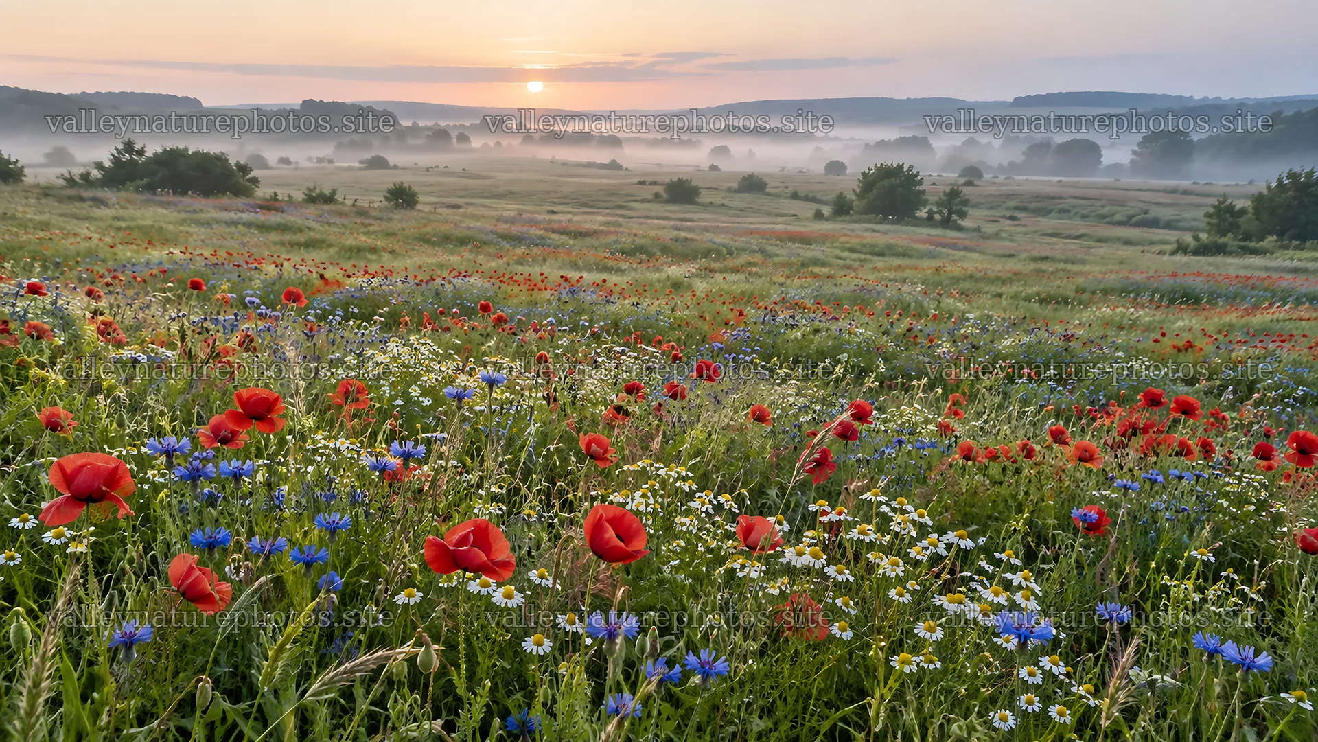 Colorful Wildflower Meadow in Morning Mist – nature photography 10324x5812