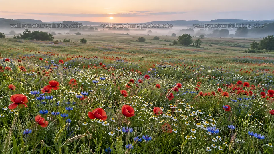 Colorful Wildflower Meadow in Morning Mist – nature photography 10324x5812