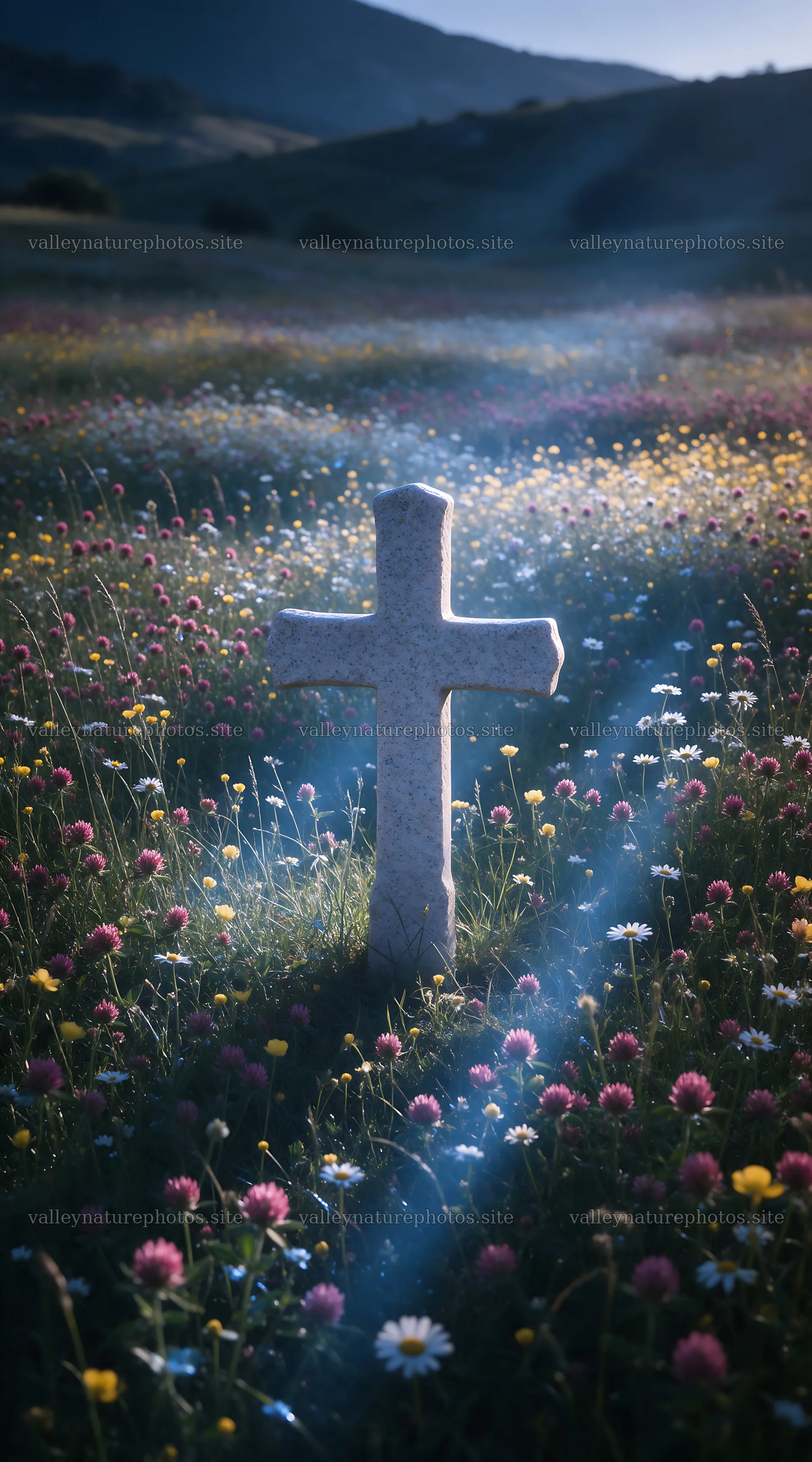 Christian cross in meadow with light rays – nature photography 5916x10648