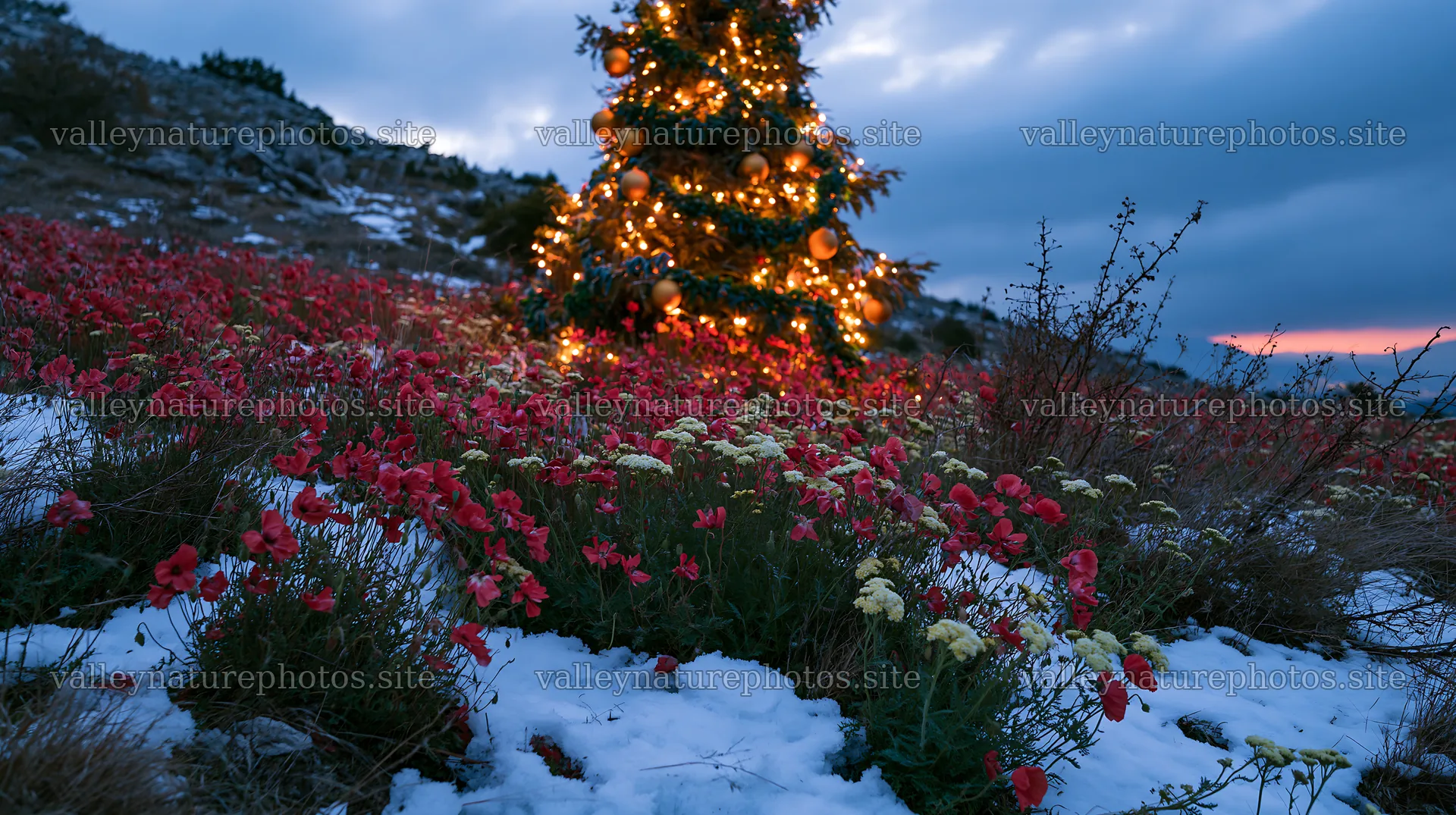 Christmas tree in mountain meadow with flowers after snowfall – nature photography 10608x5938