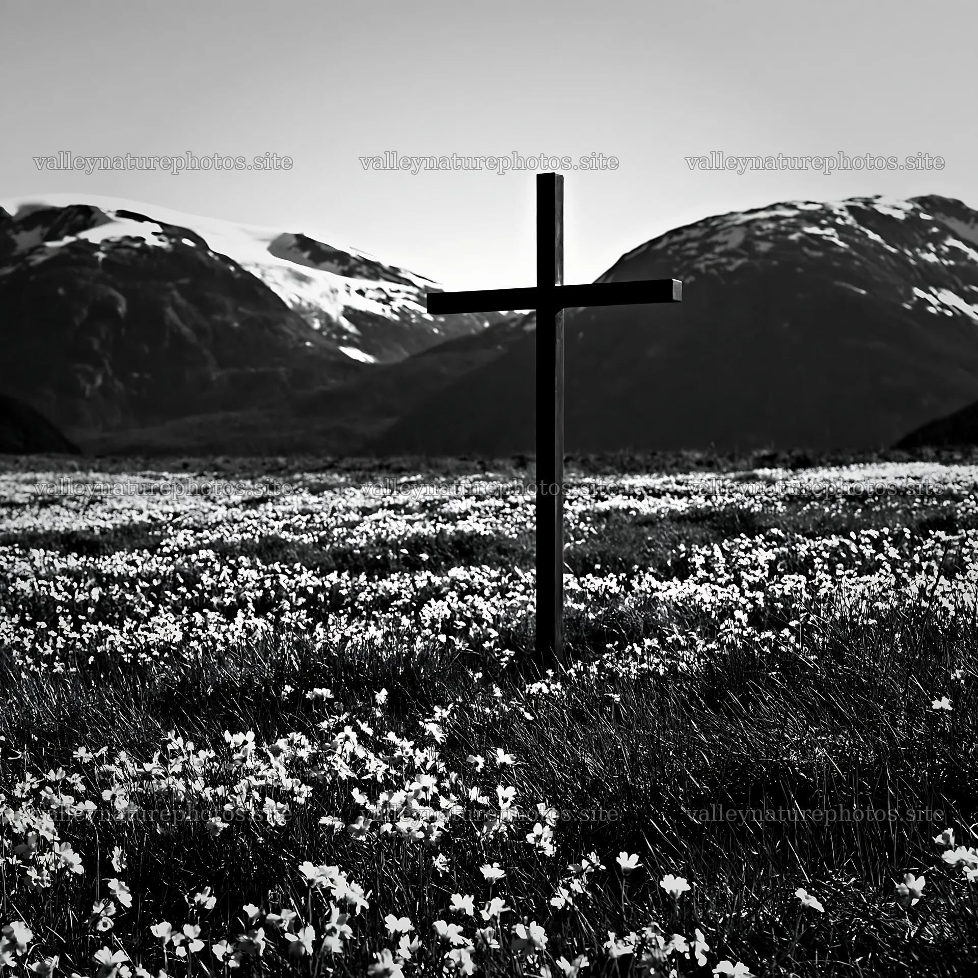 Bronze Christian cross in meadow with mountains and snow – nature photography 7938x7938