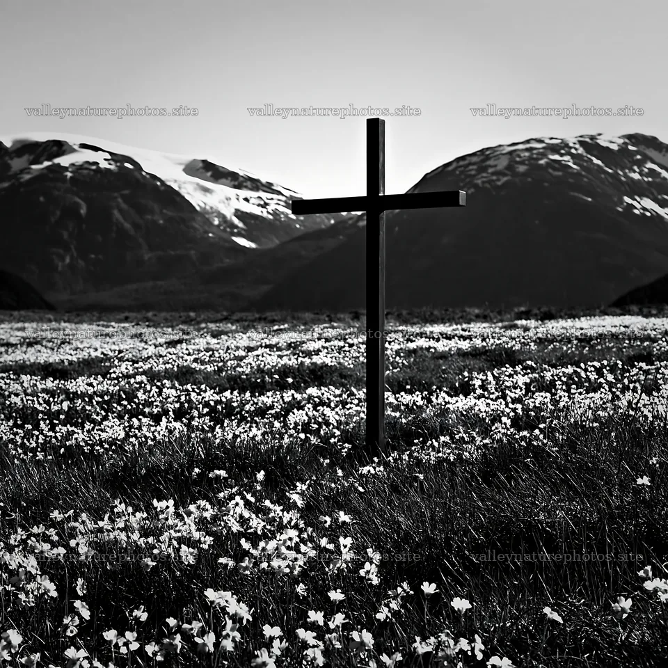 Bronze Christian cross in meadow with mountains and snow – nature photography 7938x7938