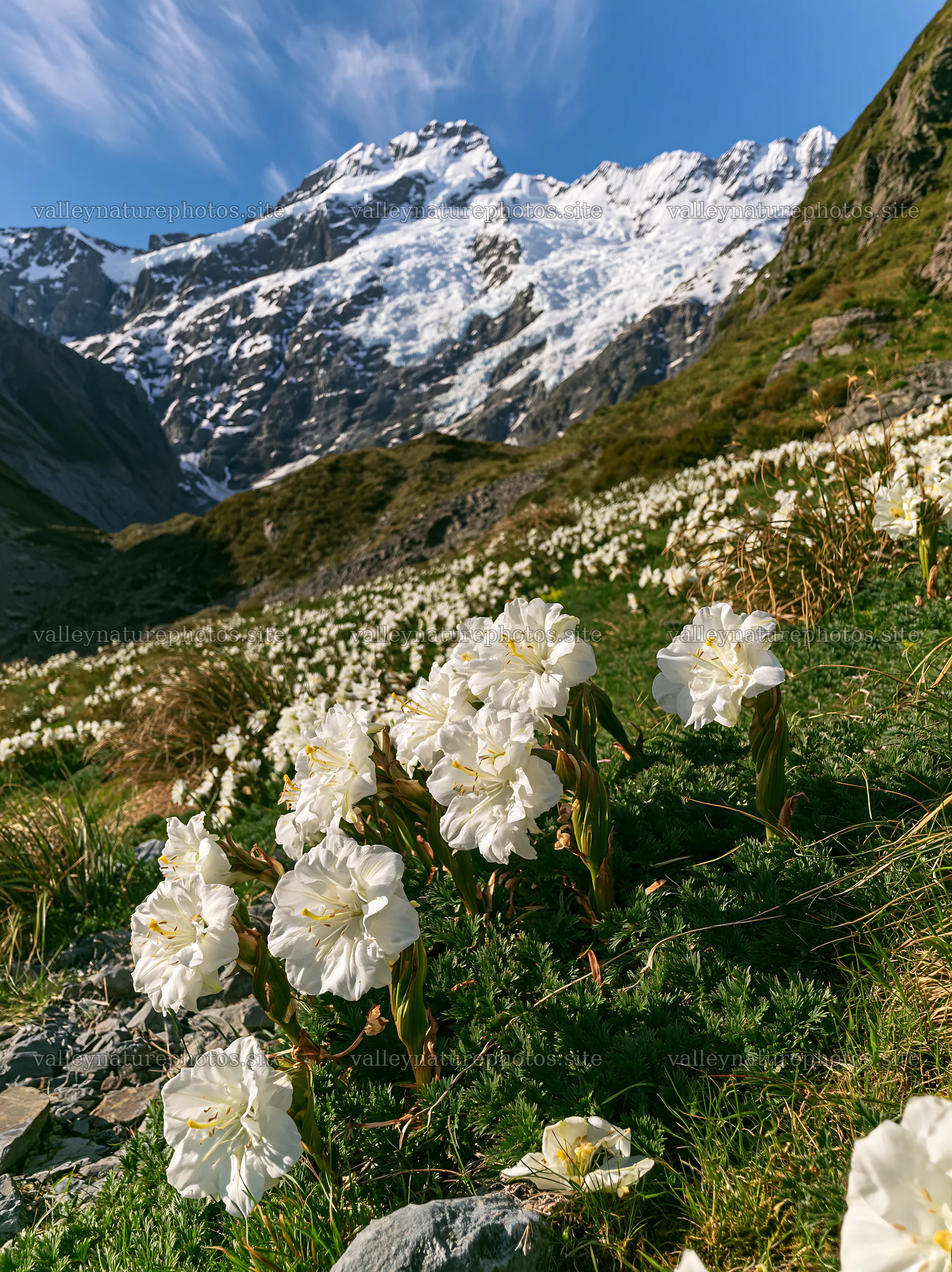 Snowline meadow with white flowers and snowy mountains – nature photography 6866x9174