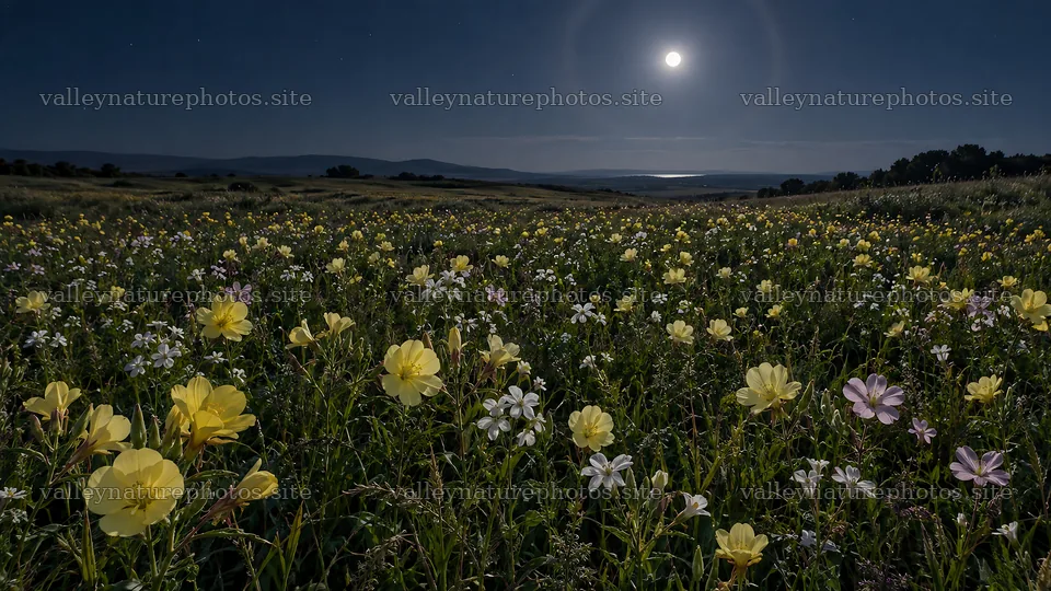 Moonlit Wildflower Meadow at Night – nature photography 10324x5812
