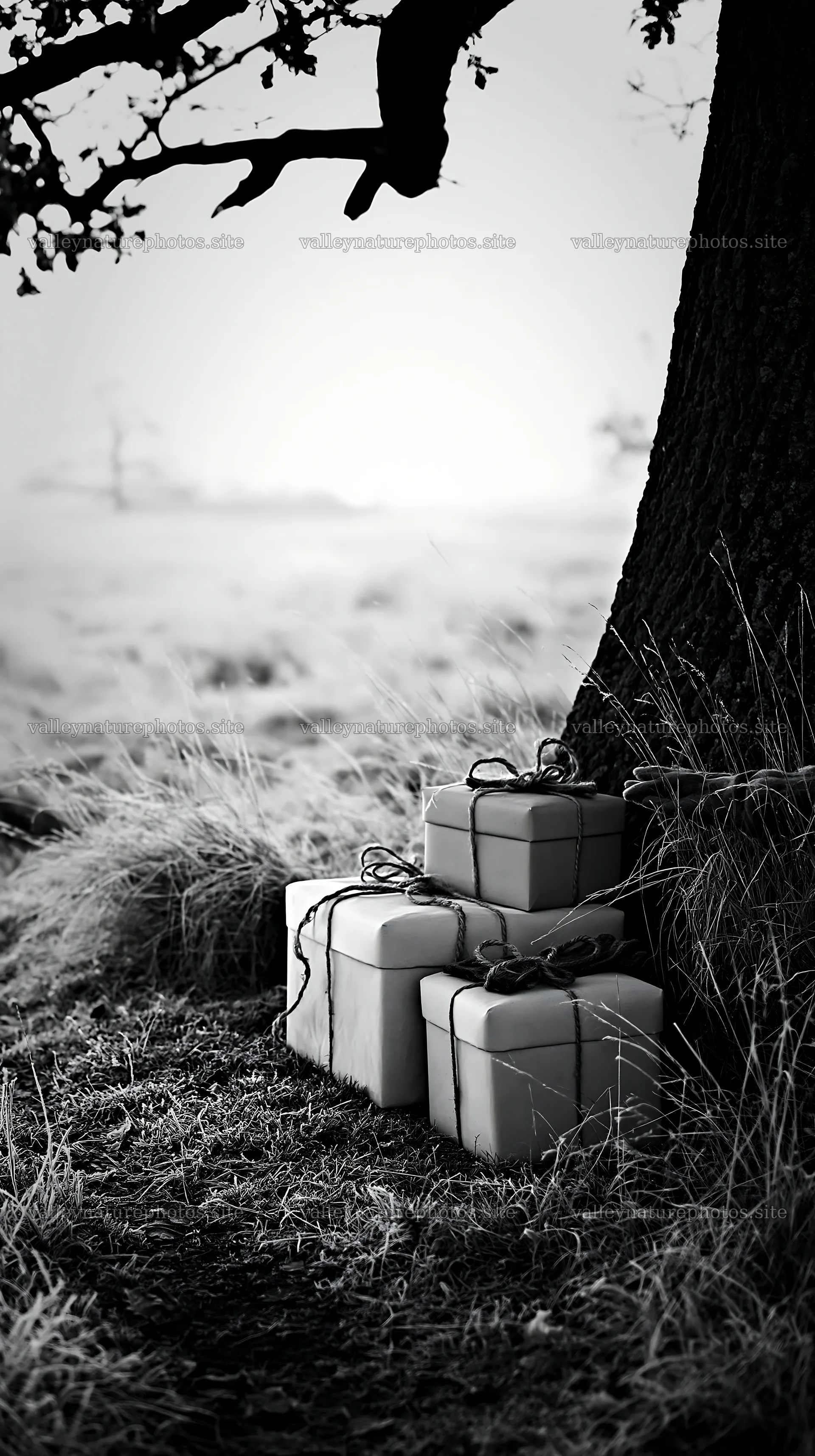 Elegant packages stacked by a tree in a meadow – nature photography 5938x10608