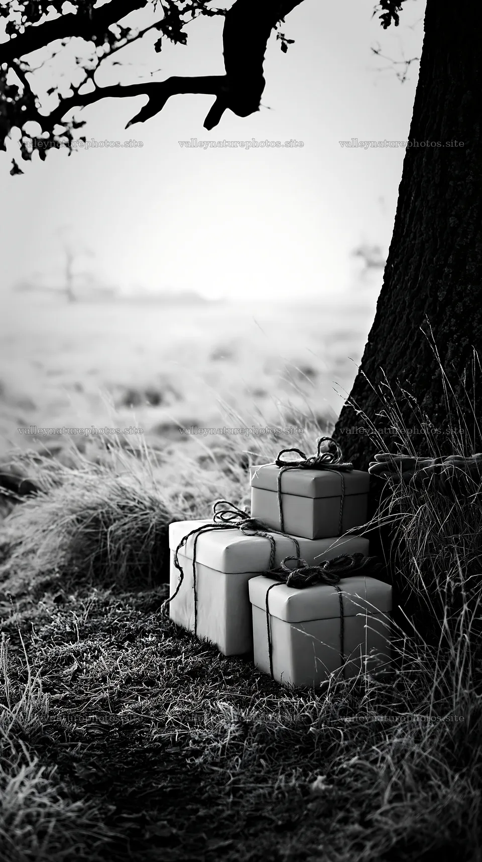 Elegant packages stacked by a tree in a meadow – nature photography 5938x10608