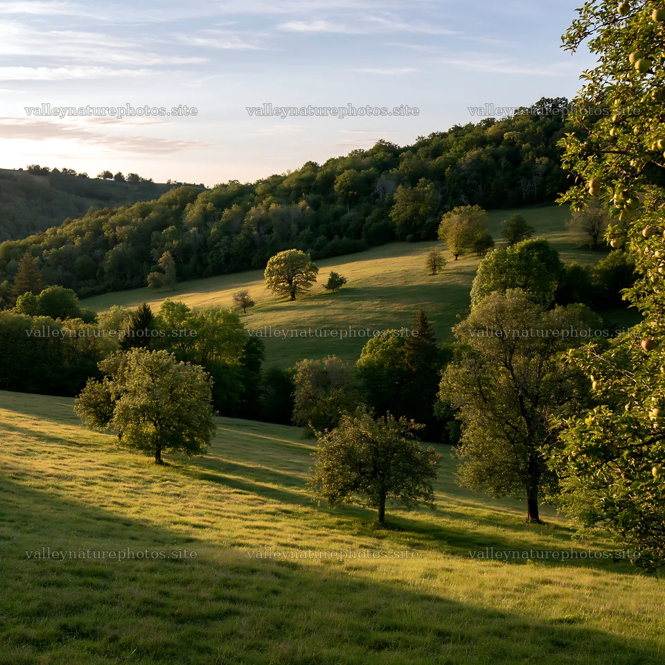 Sunset apple meadow with trees and gentle hills – nature photography 7938x7938