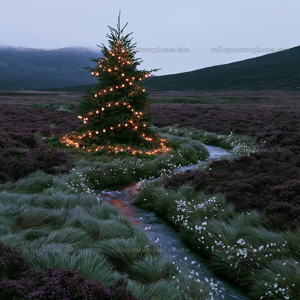 Christmas tree with lights beside stream in a meadow – nature photography 7938x7938
