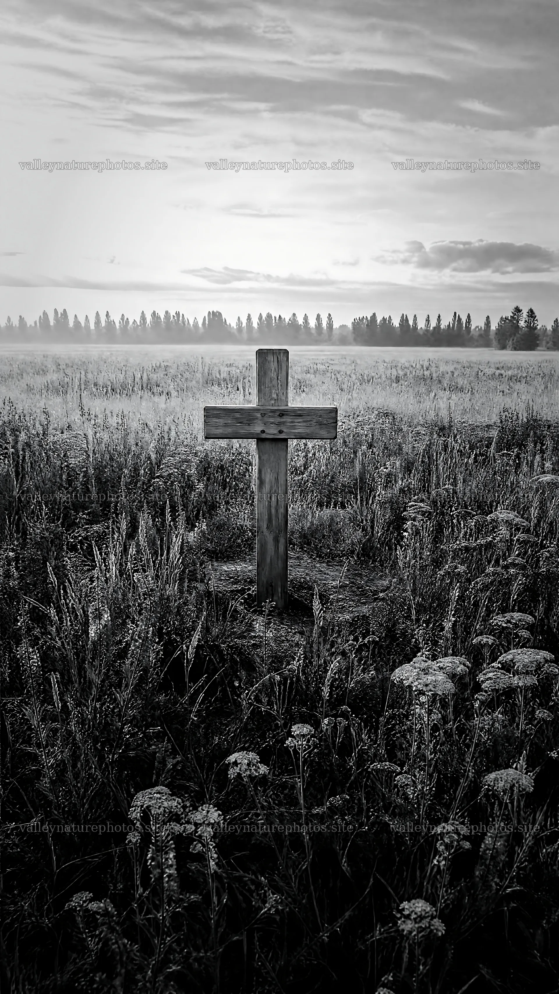 Wooden Christian cross in meadow at sunrise with light rays – nature photography 5952x10584