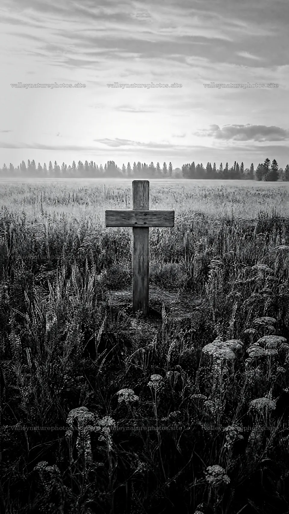 Wooden Christian cross in meadow at sunrise with light rays – nature photography 5952x10584