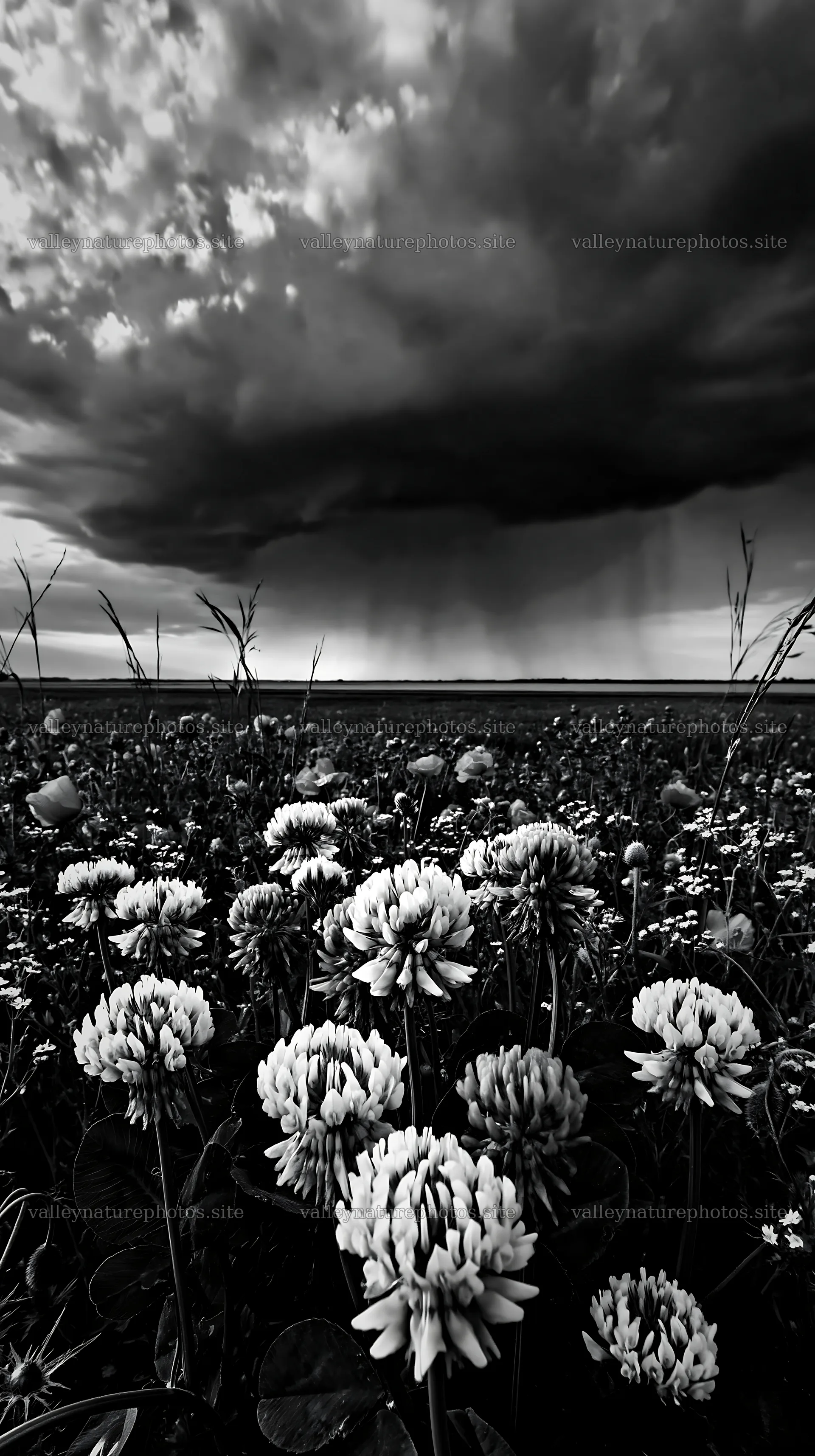Colorful clover meadow under a cloudy sky with rain – nature photography 5938x10608