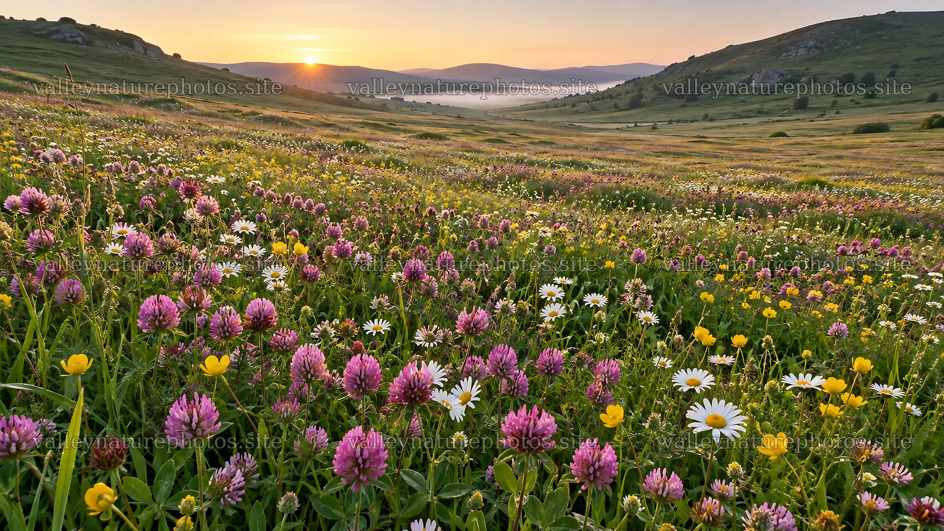 Wildflower Meadow at Sunrise in a Mountain Valley – nature photography 10324x5812