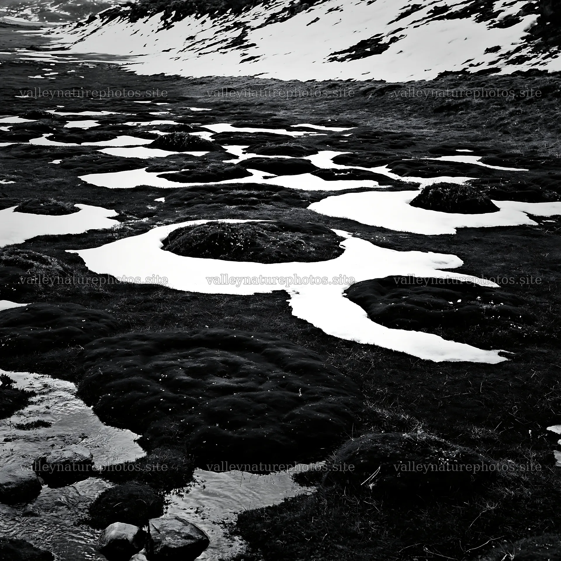 Torres del Paine meadow snow shows green moss and melting snow – nature photography 7938x7938