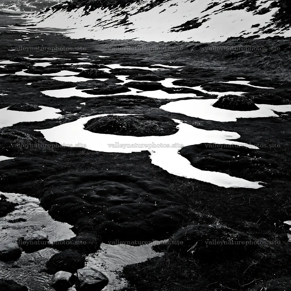 Torres del Paine meadow snow shows green moss and melting snow – nature photography 7938x7938
