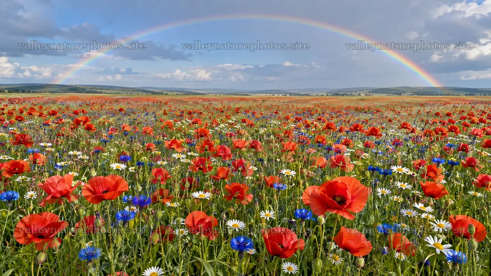 Colorful Wildflower Meadow Beneath a Rainbow – nature photography 10324x5812