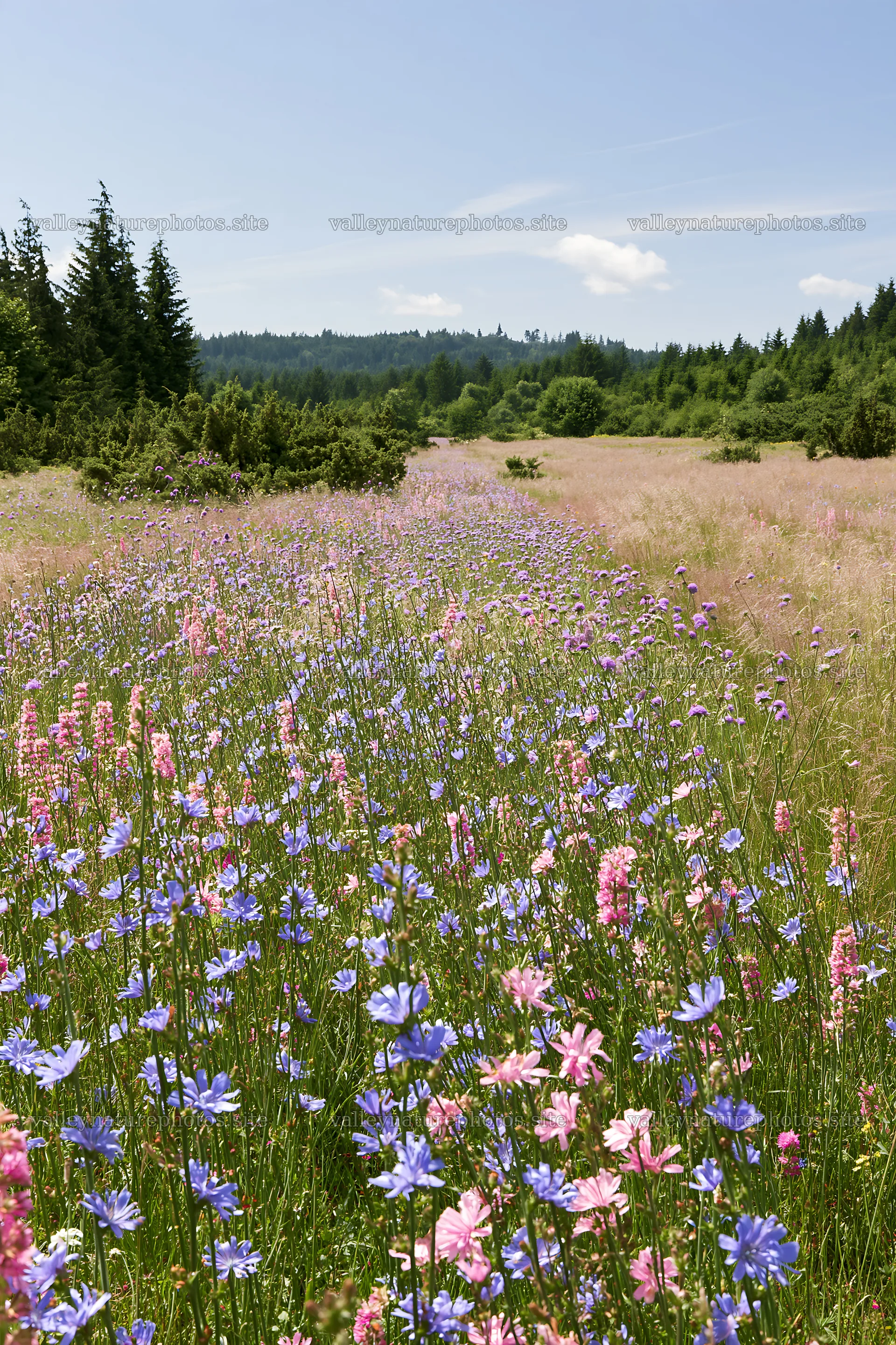 Sainfoin and chicory flowers in a meadow landscape – nature photography 6480x9722
