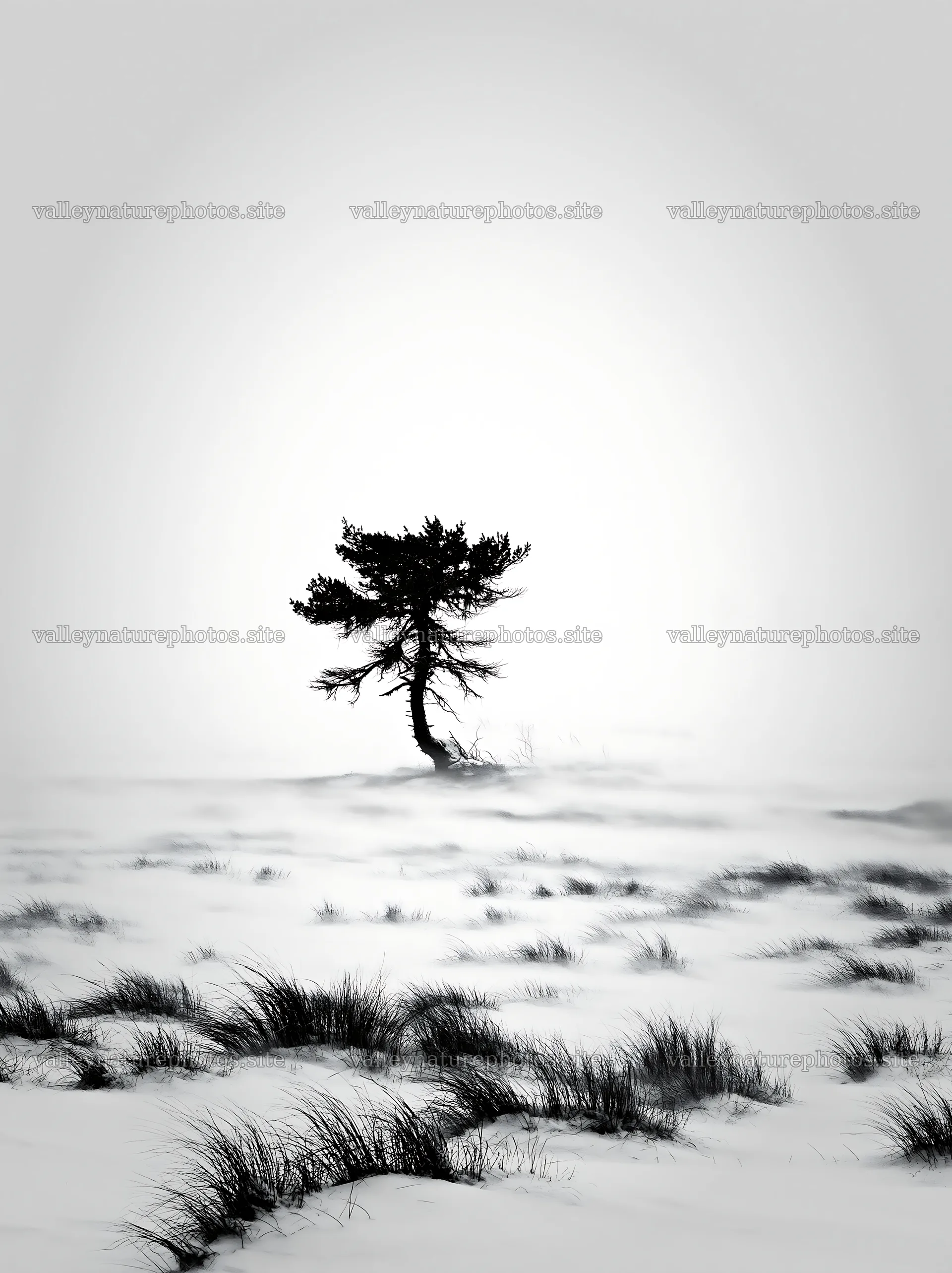Snowbound meadow with a lone tree in winter – nature photography 6866x9174