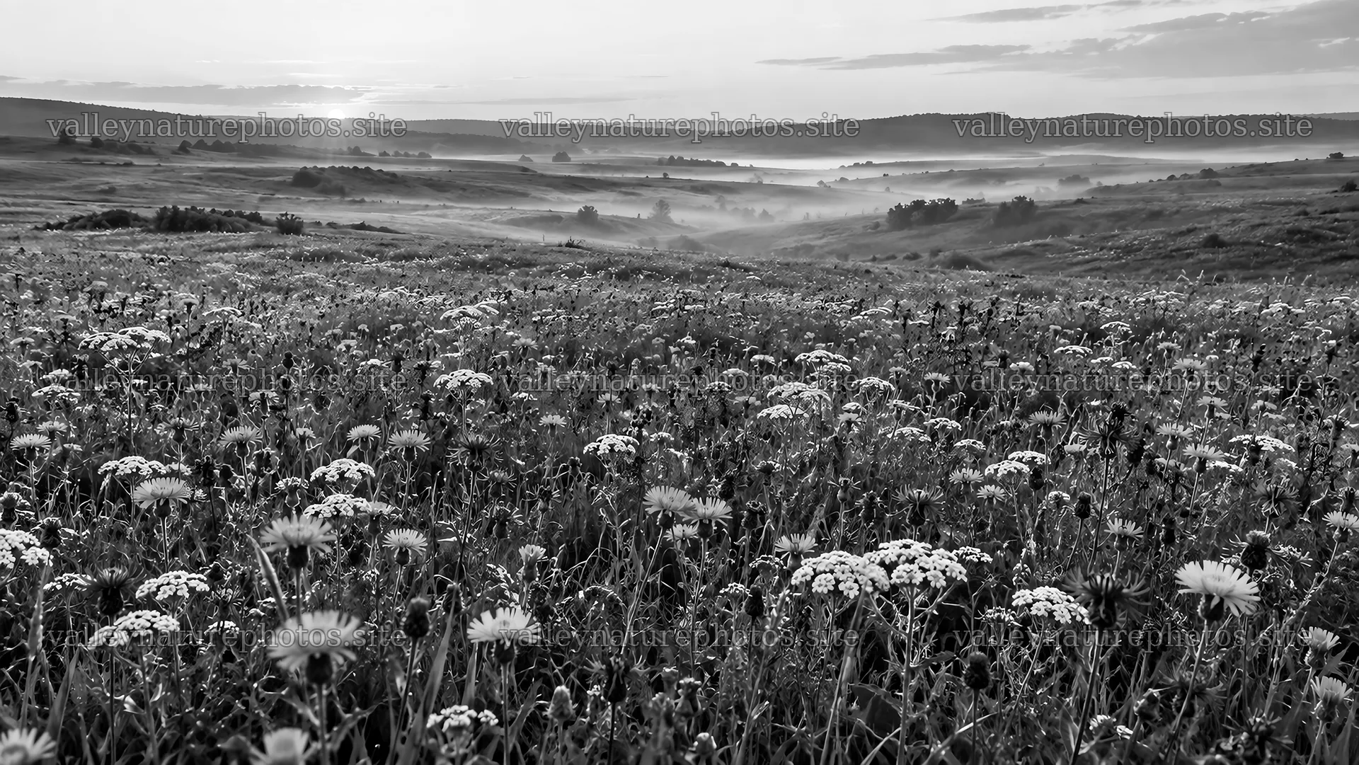 Monochrome Wildflower Meadow at Misty Sunrise – nature photography 10324x5812