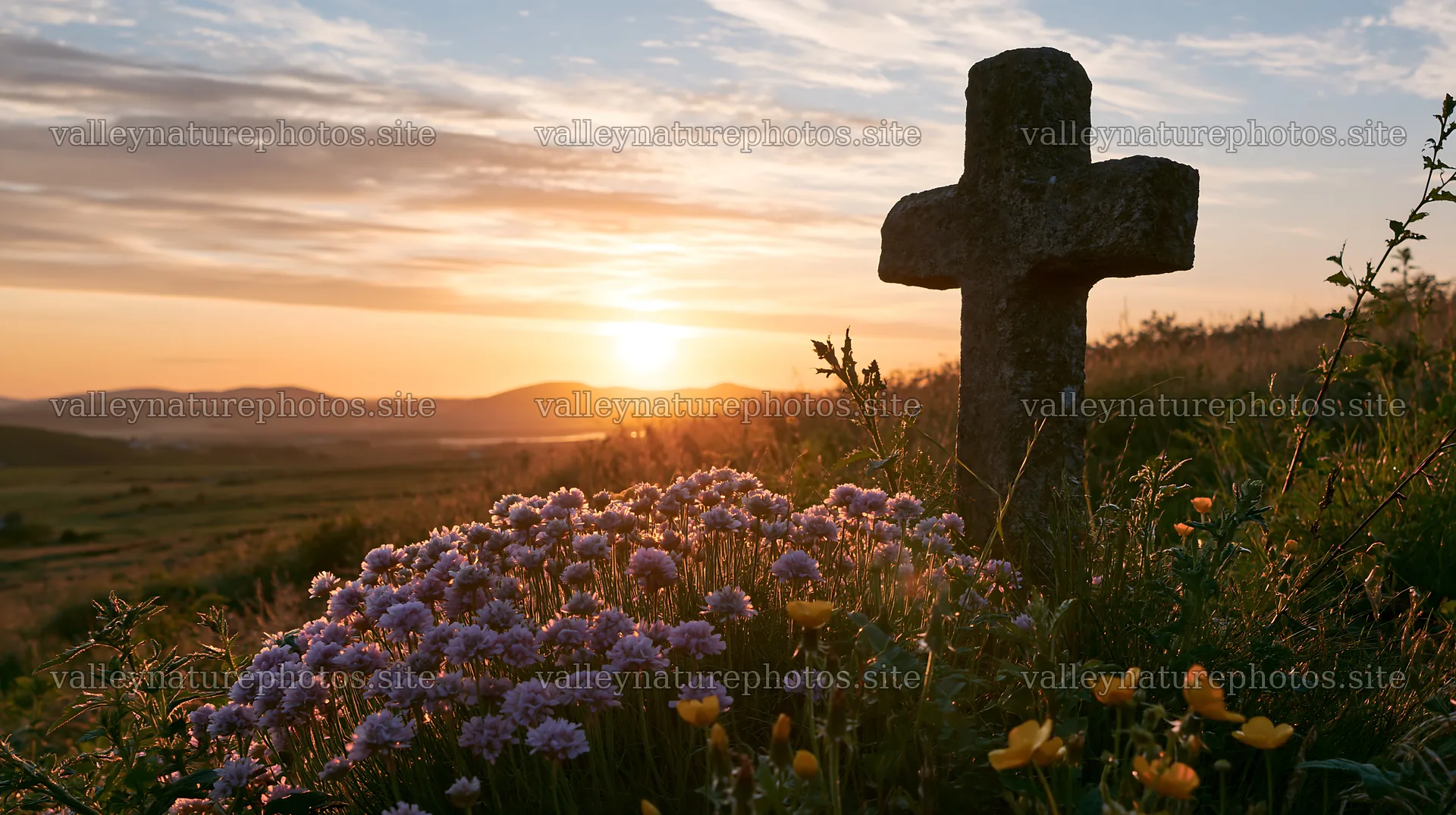 Christian cross at sunrise over meadow with flowers – nature photography 10608x5938