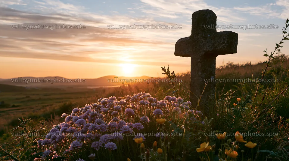 Christian cross at sunrise over meadow with flowers – nature photography 10608x5938