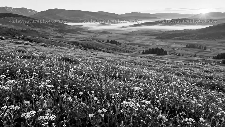 Black and White Flower Meadow in Morning Mist – nature photography 10324x5812