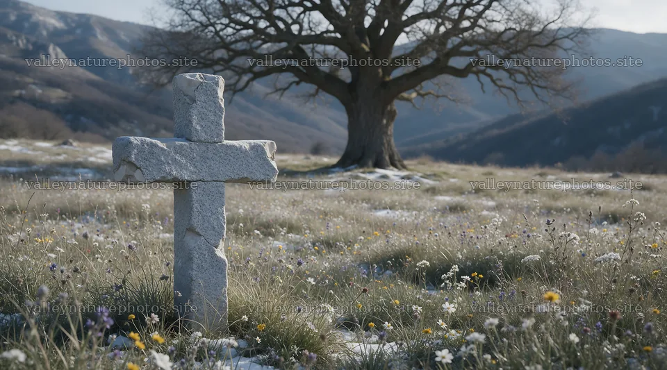 Christian cross in winter mountain meadow with tree in background – nature photography 10648x5916