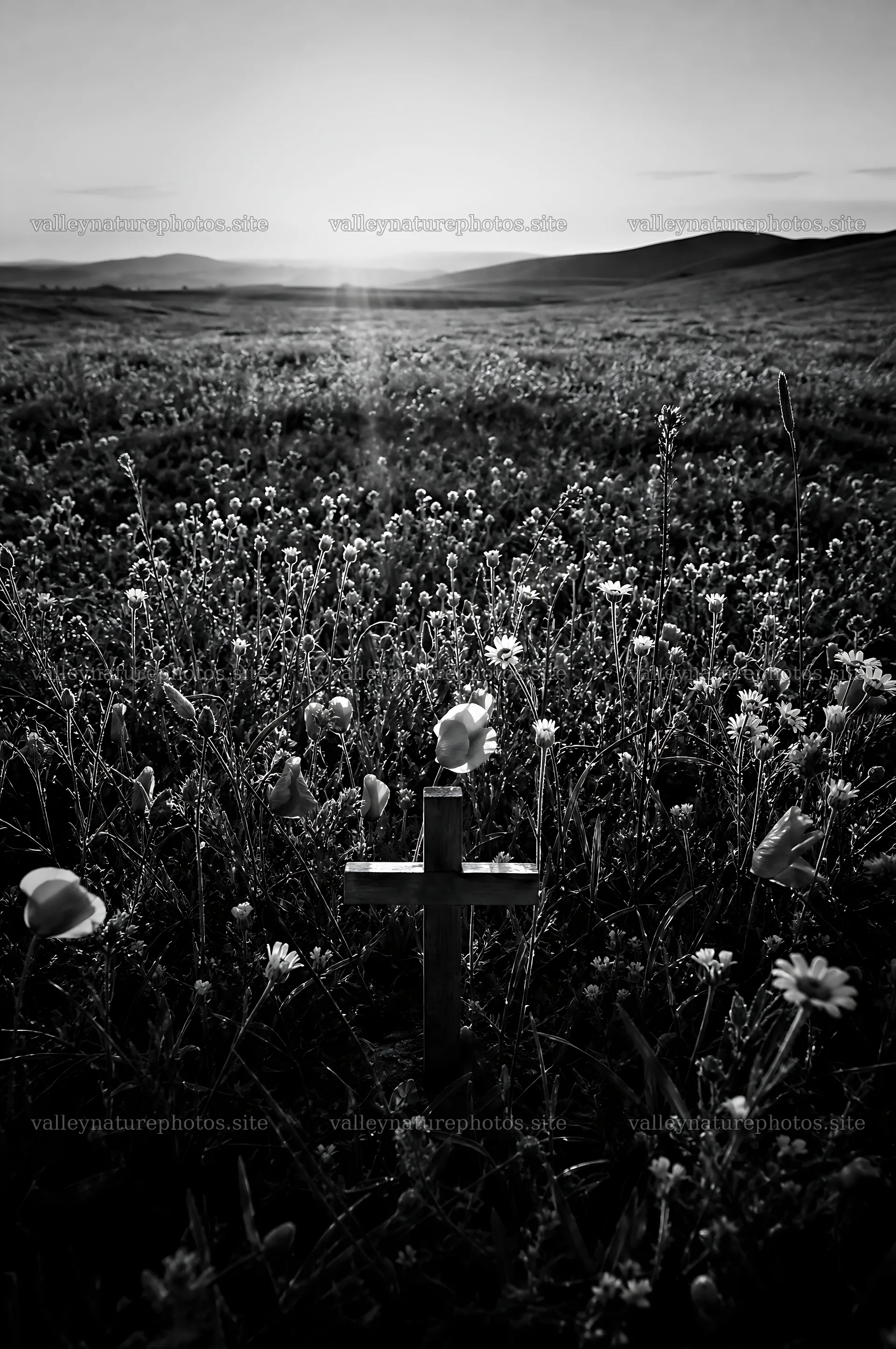 Wooden Christian cross in meadow at sunrise – nature photography 6468x9740