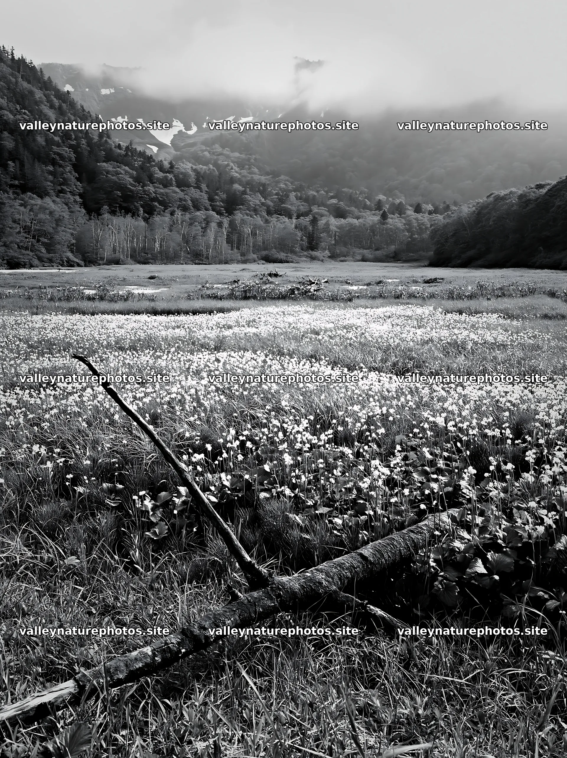 Yamagata rewilded meadow with fallen branch in foreground – nature photography 6866x9174