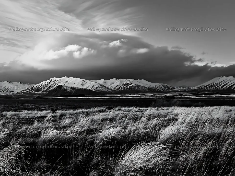Snowy alps overlooking Lake Tekapo meadow in black and white – nature photography 9174x6866