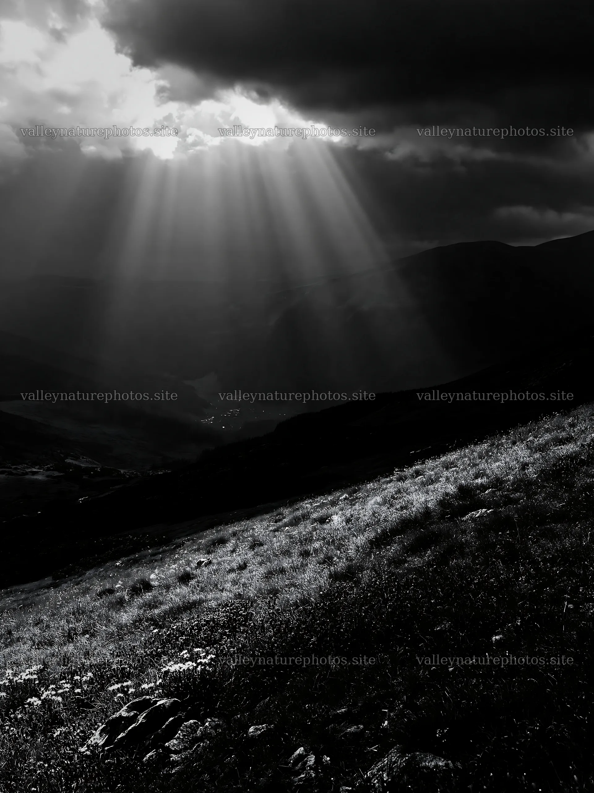 Light rays shine through clouds over Bucegi Mountains meadow – nature photography 6866x9174