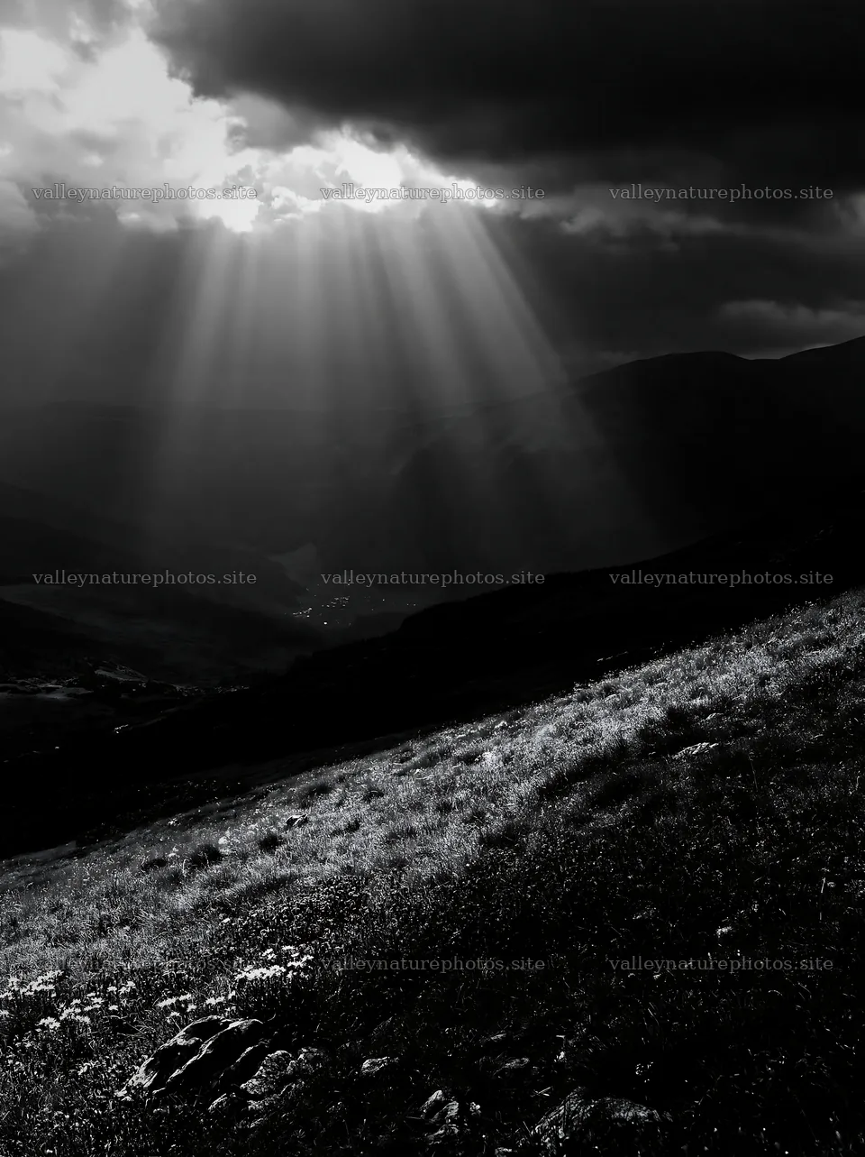 Light rays shine through clouds over Bucegi Mountains meadow – nature photography 6866x9174