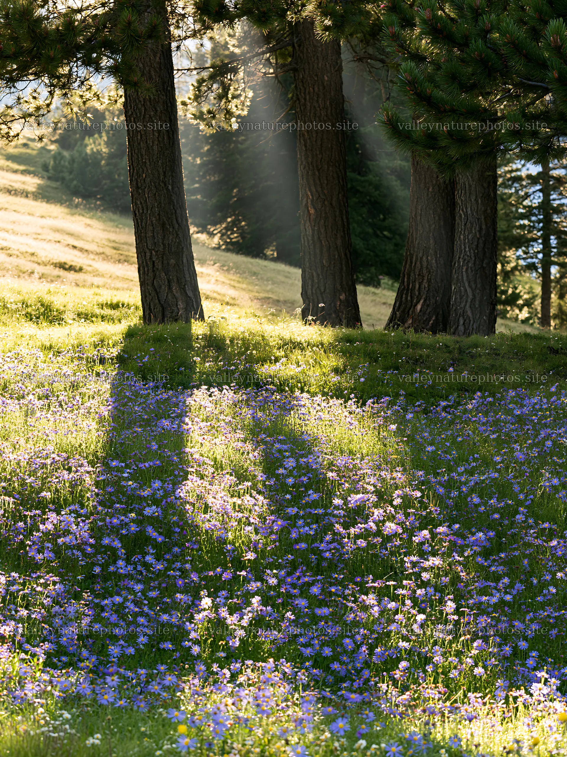 Sunbeams over Alpe di Siusi meadow with flowers and trees – nature photography 6866x9174