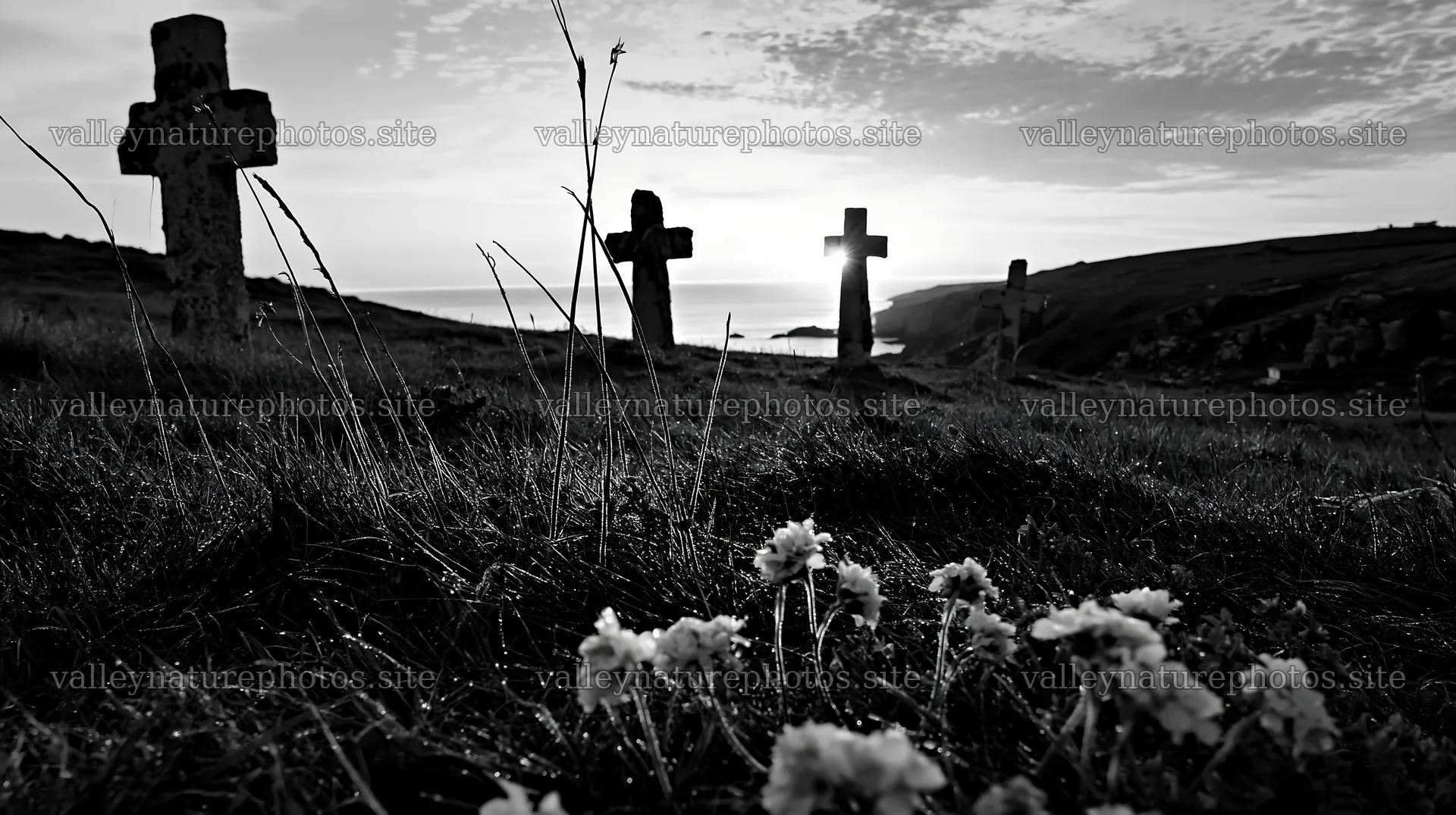 Three Christian crosses in a meadow at sunrise – nature photography 10608x5938
